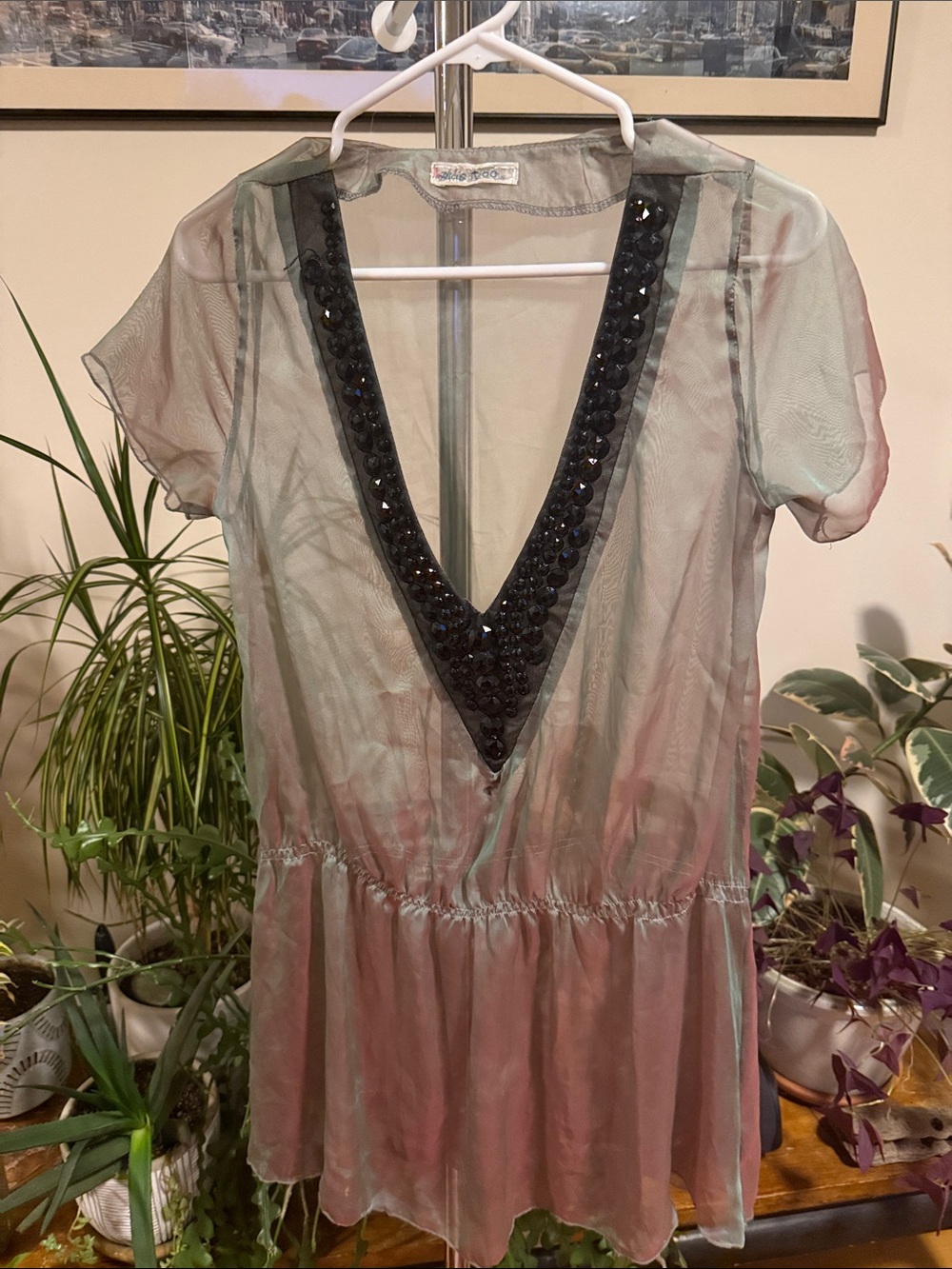 Sheer Beaded Deep-V Tunic Dress in Mint and Blush